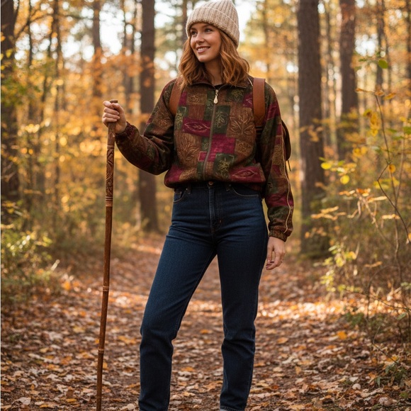 Vintage Teddi Leaf Print Zip Jacket Earth Tone with Gold |Size Medium🍂🍁 - Picture 2 of 9